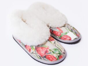 green protea sheepskin slippers