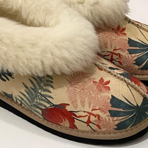 Coral and Protea sheepskin slippers