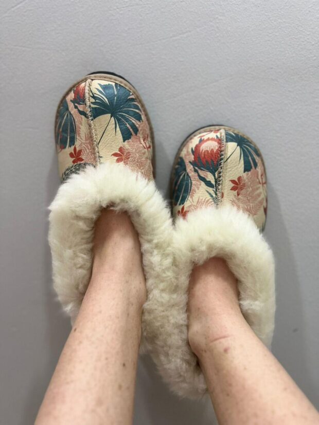 Coral and Teal Protea Sheepskin Slippers (Full Boot Slipper) | Local is Lekker ZA | African Gifts