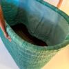 Beautiful straw tote bag basket with long leather handles in green