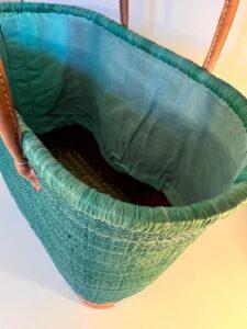 Beautiful straw tote bag basket with long leather handles in green