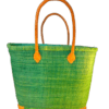 Beautiful straw tote bag basket with long leather handles in green