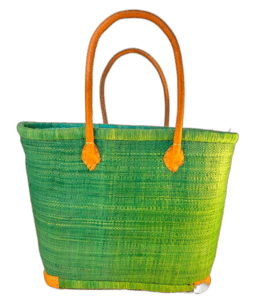 Beautiful straw tote bag basket with long leather handles in green