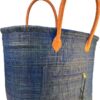 Sea Blue Raffia tote basket bag with long leather handles