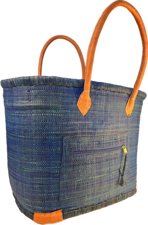 Sea Blue Raffia tote basket bag with long leather handles