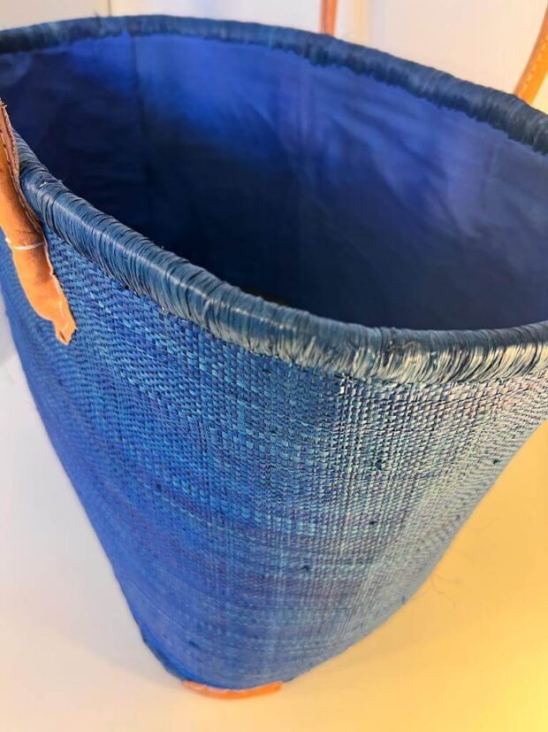 Sea Blue Raffia tote basket bag with long leather handles