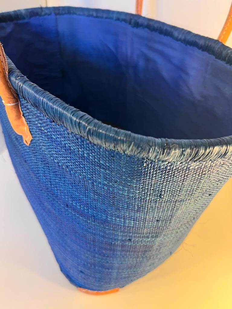 Sea Blue Raffia tote basket bag with long leather handles