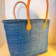 Sea Blue Raffia tote basket bag with long leather handles