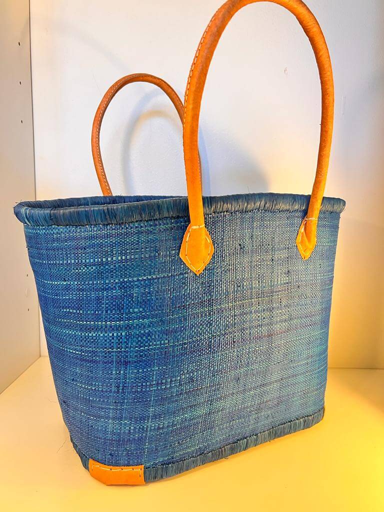 Sea Blue Raffia tote basket bag with long leather handles