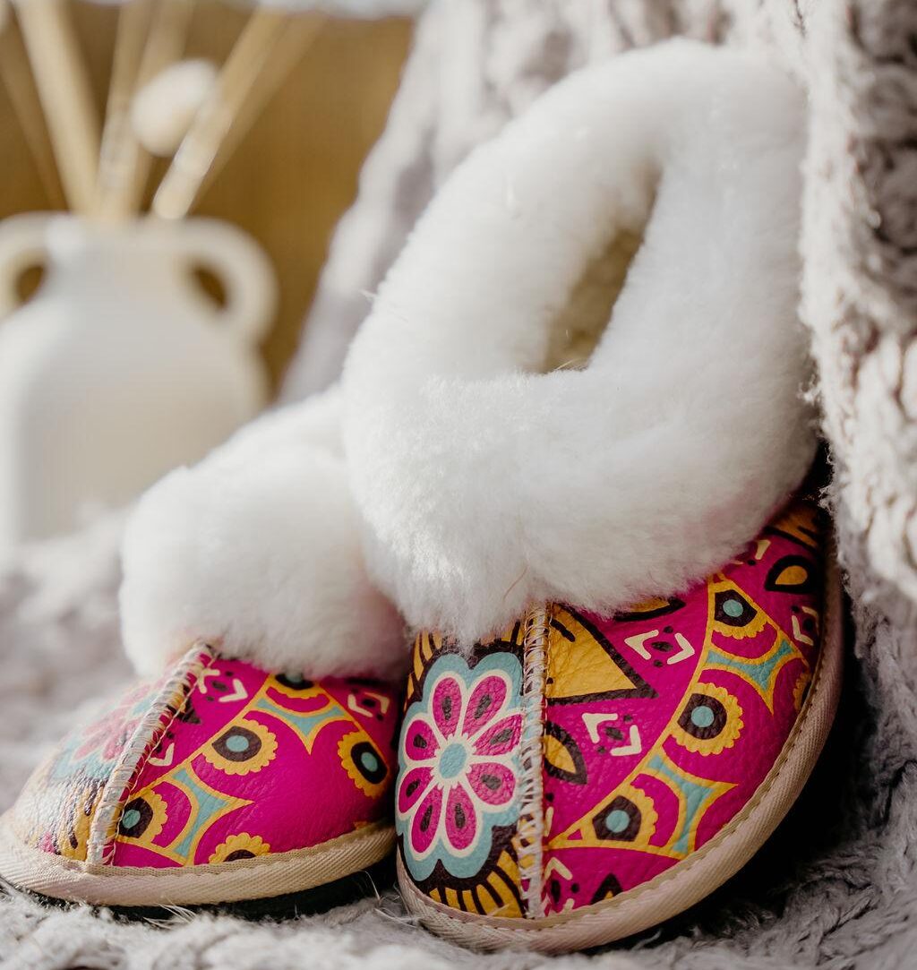 Pink Mandala Sheepskin Slippers for Babies