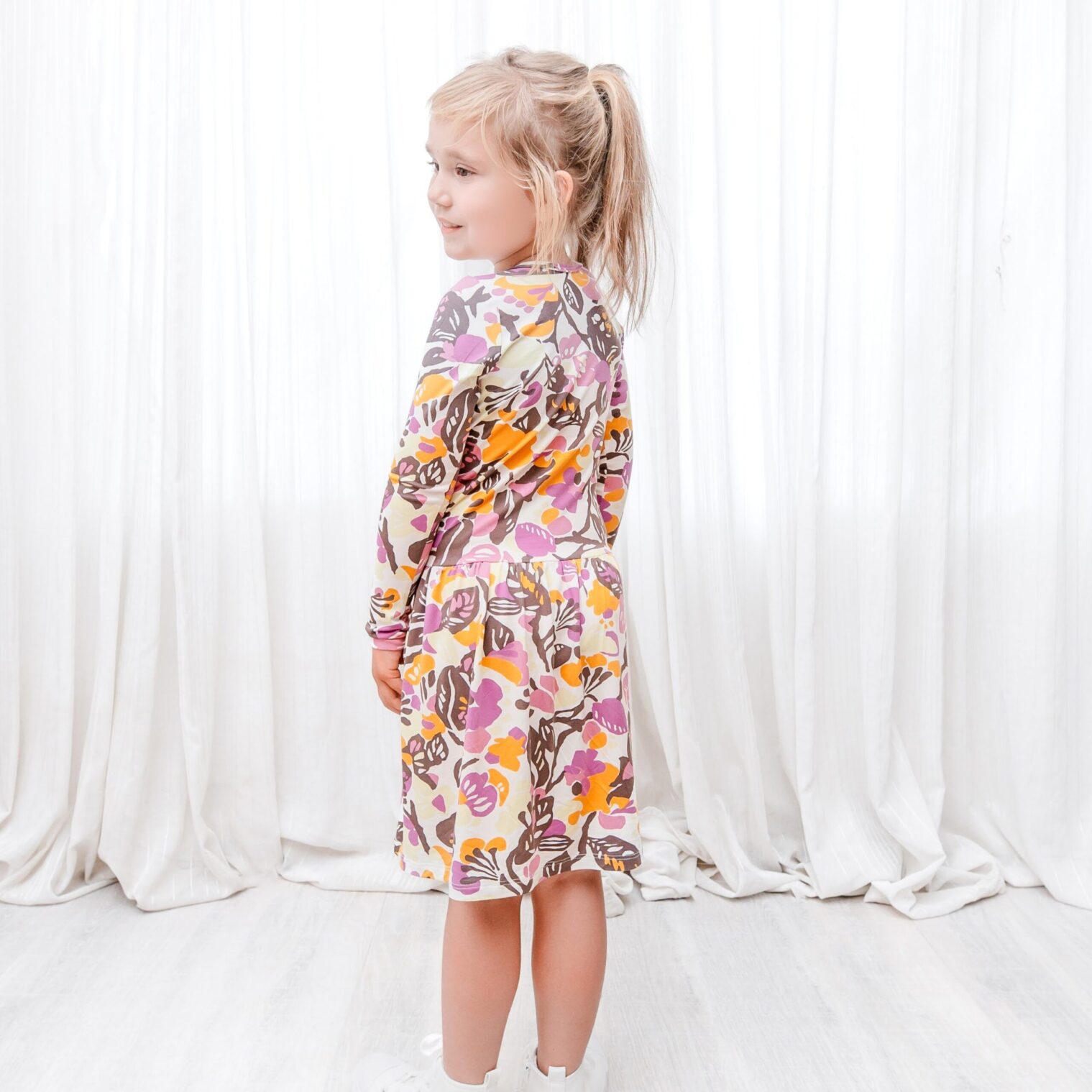 Fun Fact Kids Purple and Yellow Flowers Long Sleeve Dress Back scaled | Local is Lekker ZA | African Gifts