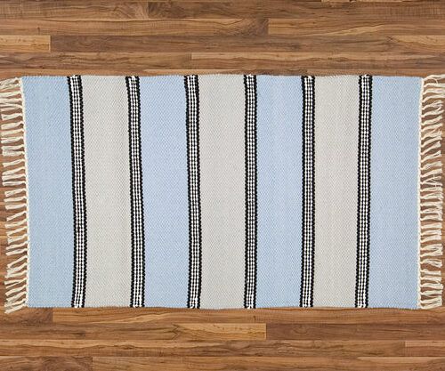 Blue and Grey with Black Stripes cotton Bedroom Rug