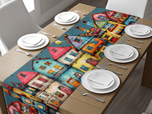 Little Village Blue Background Table Runner