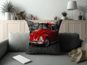 Velvet, Printed Volkswagen Scatter Cushion: Red VW