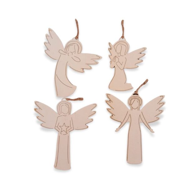 Unique Handmade Wooden Angel Ornaments (4-Set)