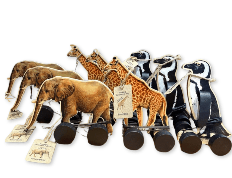 Handmade Wooden Pull Toy- Giraffe, Elephant, penguin